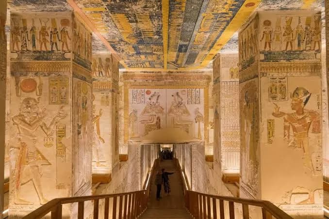 Colourful ancient tomb paintings in Luxor