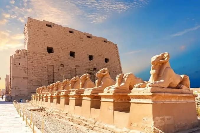 The ram-headed sphinx avenue leading into Karnak Temple near Luxor