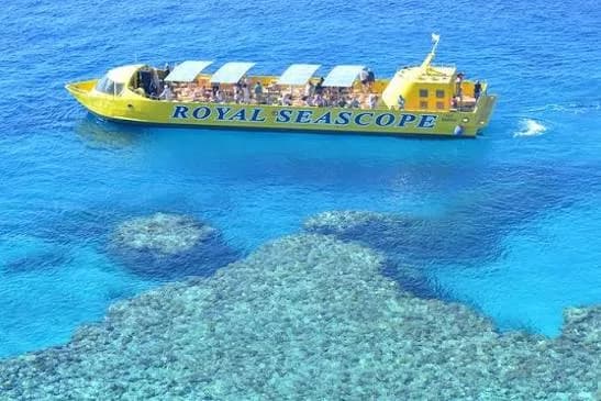 Royal Seascope semi-submersible boat over the reef, aerial view