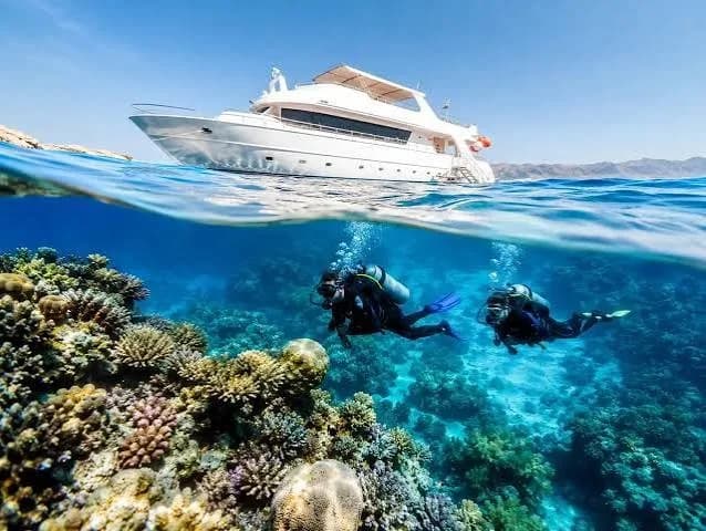 Two scuba divers swimming over a colourful coral reef below a dive boat in the Red Sea, Hurghada