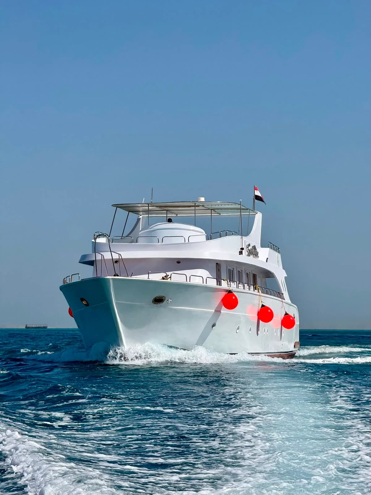 VIP private yacht exterior used for the Magawish Island sunset cruise in Hurghada